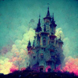 Prinz Rupi Cinderella in front of her castle smoking weed neorealistic