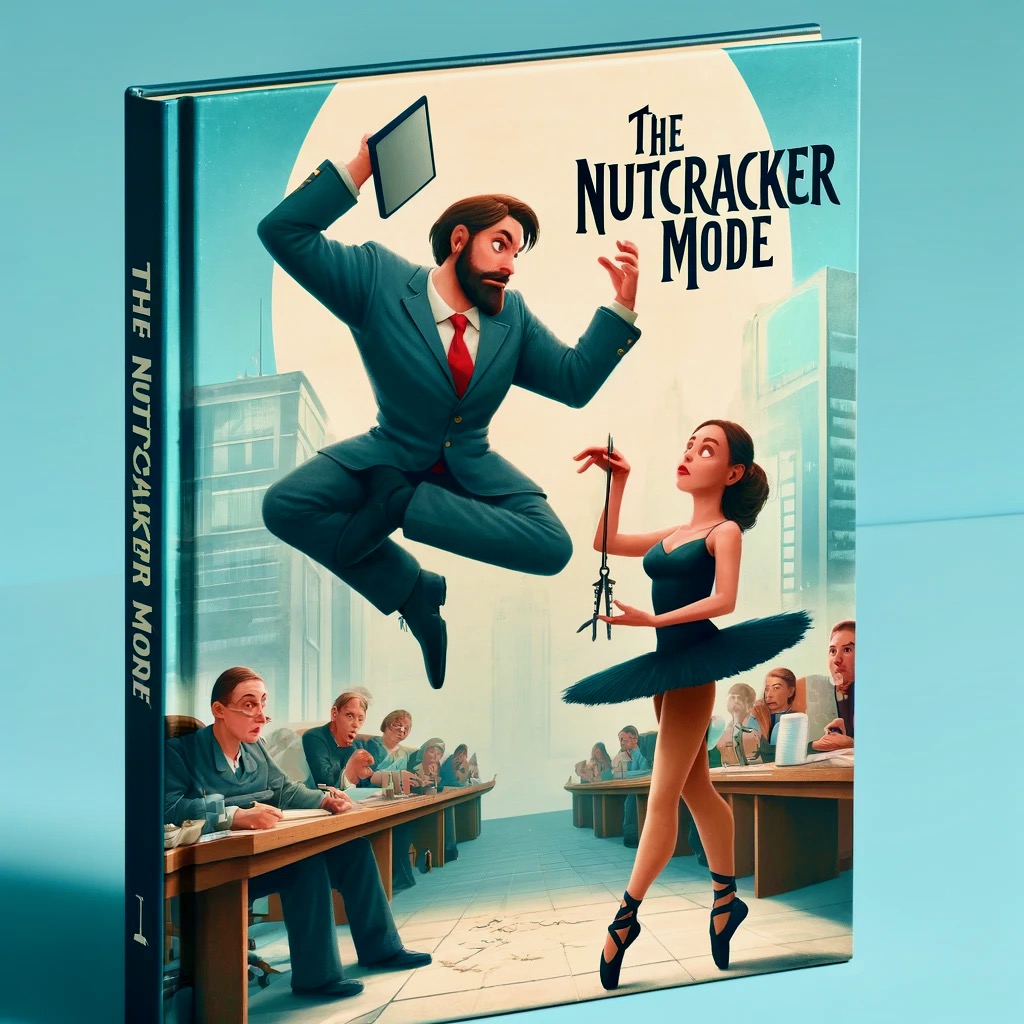 DALL·E 2024 05 08 22.55.26 A book cover design for a satirical story titled The Nutcracker Mode. The cover features an animated cartoon style depiction of a man and a woman